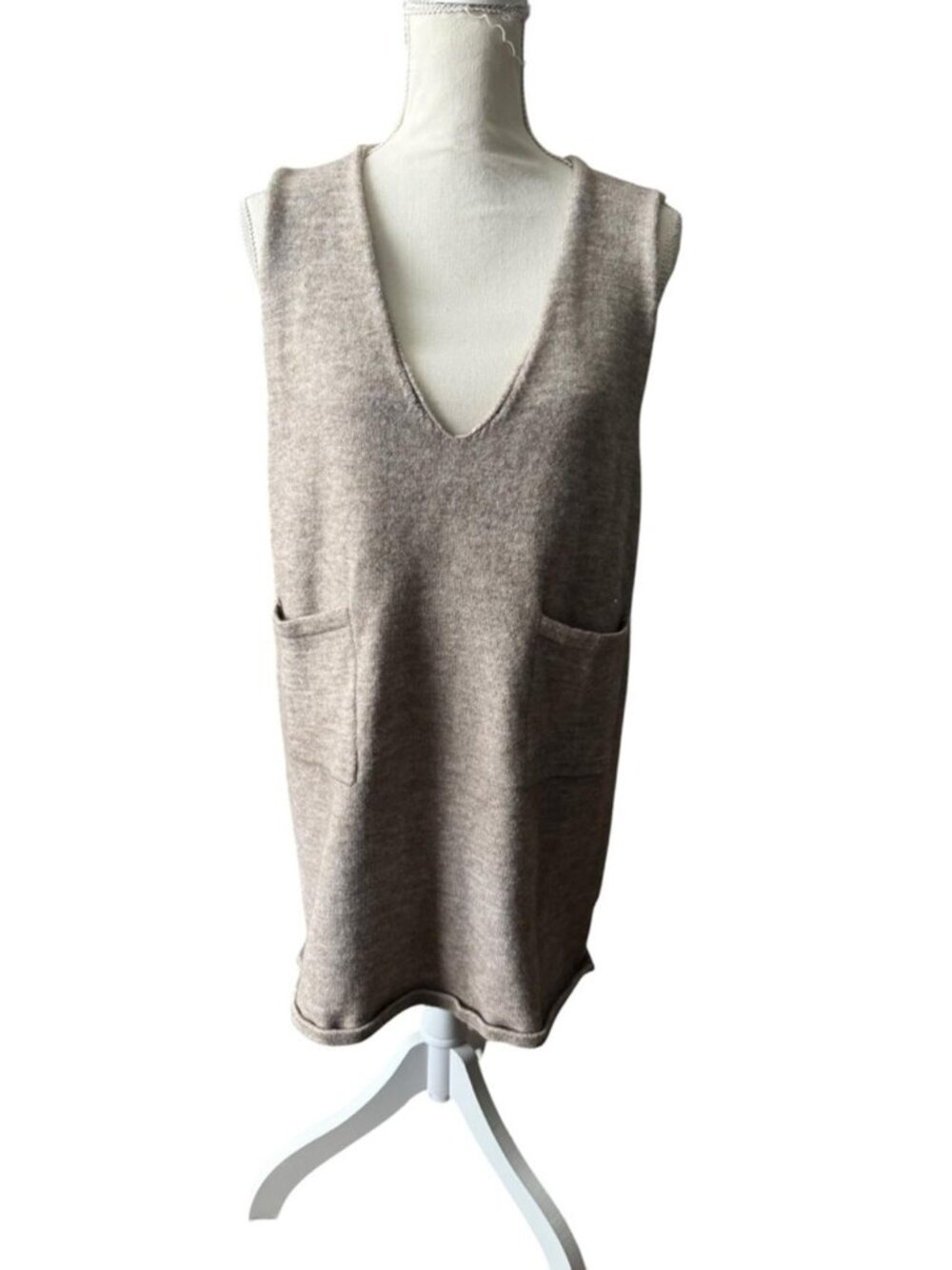 Beige V-Neck Sweater Vest Dress